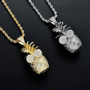Collier pendentif ananas 3D hip-hop en or 18 carats micro-serti de diamants avec chaîne corde pour soirée - Product Image 1