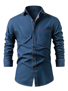 Chemise en jean slim fit pour homme, manches longues, couleur unie, col rabattu, style décontracté, coton respirant, manches longues, design avec poche - Product Image 1