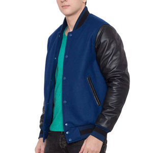 Chaqueta Varsity Azul para Hombre, de Lana, con Mangas Negras, Cuello Alto y Cierre Frontal, Estilo Casual para Otoño - Product Image 4