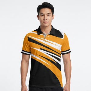 <b>Men's</b> Short Sleeve Polo Shirt With Abstract Striped Print Black Gold White Quick Dry Polyester Sporty Regular Fit - Product Image 5