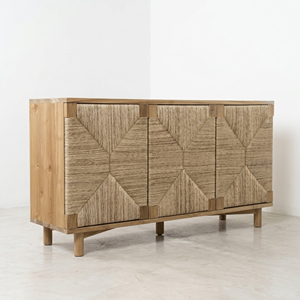 Solid Teak Wood Living Room <b>Cabinet</b> 3 Door Credenza with Seagrass for Luxury Hotel Resort Hospitality Project Furniture - Product Image 1
