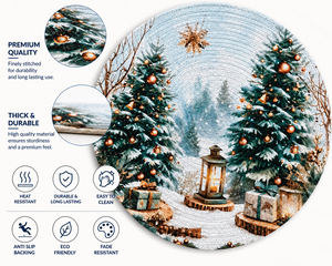 Set de table rond de Noël imprimé avec des arbres enneigés, des lanternes et des cadeaux, motif classique de décoration intérieure - Product Image 3