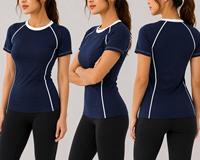 Haut de sport respirant et écologique à manches courtes pour femme, bleu marine, en spandex et polyester, séchage rapide, idéal pour la vente en gros