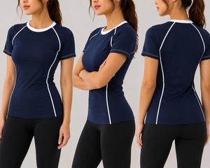 Haut de sport respirant et écologique à manches courtes pour femme, bleu marine, en spandex et polyester, séchage rapide, idéal pour la vente en gros - Product Image 1