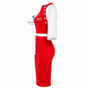 Delta |   Sigma |   Vestido Midi Ajustado de Mujer Theta con Bloques de Color en Contraste Rojo y Blanco, Manga Capa, Detalle de Botones y Lazo en la Cintura - Product Image 4