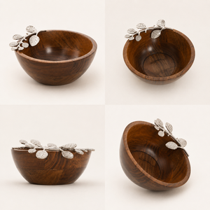 Handmade Premium Mango Wood Serving Bowl with Decorative Silver Metal Leaf Branch Elegant Tabletop Decor For Salads Fruits Use - Product Image 3