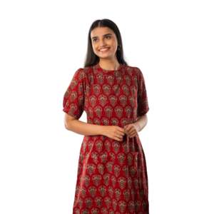 ชุดเดรสชิ้นเดียว ajrakh แท้สีแดง - Product Image 3