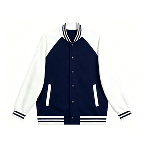 Navy <b>White</b> <b>Men's</b> Varsity <b>Jacket</b> High Street Style Regular Fit Stand Collar Zipper Closure Solid Color Winter Wear - Product Image 1