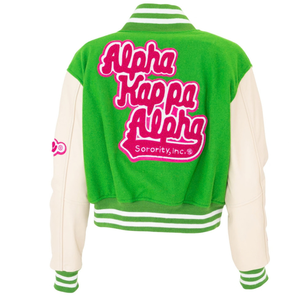 1908 Stacked Green Crop <b>Leather</b> Varsity <b>Jacket</b> Women Embroidered Letterman Bomber Coat <b>Long</b> Sleeve Casual Streetwear Fashion - Product Image 2