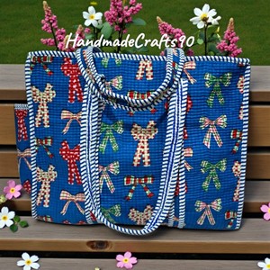 Elegante Bolso Tote de Hombro para Dama, Estilo Bohemio Vintage, Acolchado, de Algodón, con Cierre, Estampado Tropical Azul Clásico, Otoño, 18 Pulgadas, Ligero - Product Image 3