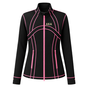 เสื้อแจ็คเก็ตแทร็คซิปยาวสีดำชมพูสำหรับผู้หญิง แบรนด์ AKA แขนยาว คอตั้ง ลายตัวอักษรกรีก เสื้อผ้าสำหรับชมรมนักเรียน ชุดกีฬาลำลอง เสื้อคลุมทีมกีฬา - Product Image 1