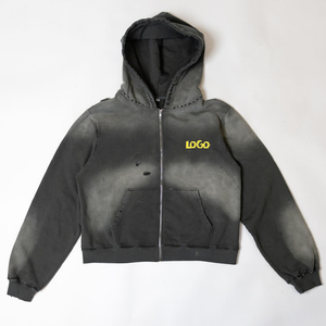 Sudadera con Capucha y Cremallera para Hombre, Teñido Degradado, Algodón Negro, Felpa Francesa, Estilo Casual de Otoño, Corte Regular, Bolsillo Frontal con Logotipo - Product Image 1