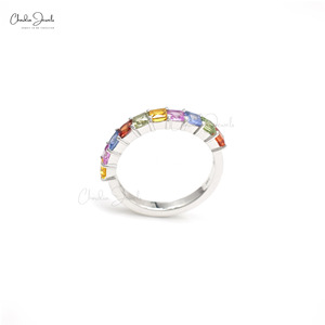 Envío Rápido, Anillo de Media Eternidad con Zafiros Naturales Multicolores de Corte Cuadrado de 3MM, Oro Blanco Sólido de 14K, Anillo de Bodas, Joyería en Stock - Product Image 4