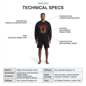 Custom 430gsm Heavyweight Cotton Crewneck Sweatshirt V-Insert Streetwear <b>Men</b> Screen Printed <b>Pullover</b> OEM Manufacturer - Product Image 5