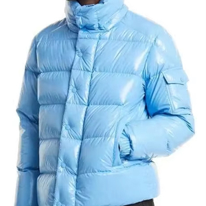 <b>Light</b> Blue Men's Hooded Puffer <b>Jacket</b> Windproof <b>Waterproof</b> Winter Casual Streetwear Regular Fit Zipper Closure Solid Color Front - Product Image 2