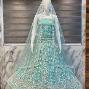 Luxury Sky Blue Soft Net Lehenga Choli Heavy Zarkan Stone <b>Coding</b> Embroidery Boutique Quality Full Cancan and Canvas Patta Bulk - Product Image 1