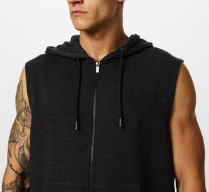 Gilet sans manches pour homme en coton léger avec fermeture éclair, capuche et poches à cordon, sweat-shirt décontracté uni - Product Image 5