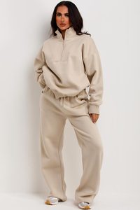 Matching Half-Zip Wide-Leg Tracksuit Latest Custom Logo 2 Piece Women Half Zip Sweatshirt & <b>Joggers</b> Tracksuit Set Full Length - Product Image 5
