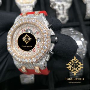 นาฬิกาโครโนกราฟหรูหราประดับเพชร Pahal Jewels ขนาด 45 มม. ระบบอนาล็อก ควอตซ์ สำหรับผู้ชาย ตัวเรือนสแตนเลสสีแดง ประดับโมอิสซาไนต์ ตัวเลขโรมัน - Product Image 3
