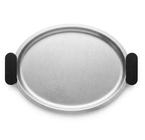 Plateau de service ovale en acier inoxydable, plateau en métal avec poignées noires, motif texturé gravé, vaisselle décorative, plateau de restauration - Product Image 1
