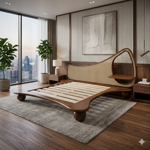 Contemporary Solid Wood <b>Queen</b> Platform <b>Bed</b> <b>Frame</b> with Rattan Headboard Custom Bedroom Furniture for Hotels Apartments & Villas - Product Image 1