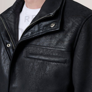 Premium Men Black Textured <b>Leather</b> <b>Jacket</b> Vintage High Neck Double Collar Slim Fit Genuine <b>Leather</b> Casual Fashion Coat - Product Image 3