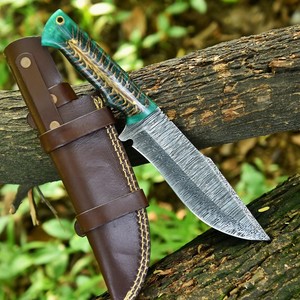 Hand Forged Damascus Steel Bushcraft Knife Pine Cone Handle Full Tang Fixed Blade Camping Knife with <b>Leather</b> Sheath Custom OEM - Product Image 2
