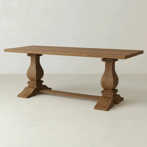 Table à manger en bois massif artisanale avec base à double piétement, design rustique classique pour salle à manger, restaurant et hôtel boutique - Product Image 1