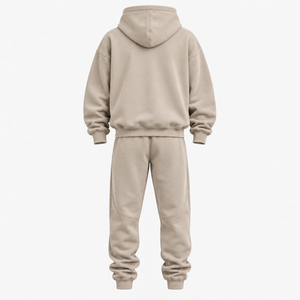 Ensemble de survêtement unisexe beige à capuche, manches longues, couleur unie, sweat-shirt et pantalon décontractés avec cordon de serrage et poches latérales - Product Image 2