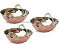 Bol de service indien en acier et cuivre, Karahi marbré en acier inoxydable, vaisselle de service indienne, Kadai avec poignées en laiton
