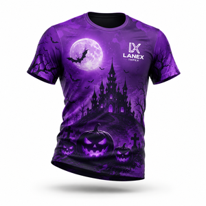 T-shirt personnalisé pour homme Halloween, motif citrouille Jack O'Lantern violette et château hanté, imprimé 3D, manches courtes, streetwear décontracté - Product Image 2