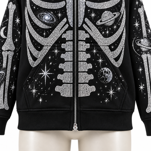 Gothic Skeleton Solid <b>Zip</b>-Up <b>Hoodie</b> Unisex Oversized Fit <b>Black</b> Hooded French Terry Windproof Autumn Wear Glitter Print - Product Image 3