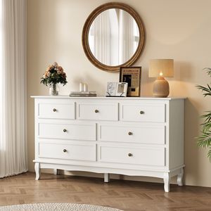 Buffet moderne à 7 tiroirs avec pieds en bois distinctifs, finition peinte en blanc, accent CR - Product Image 5