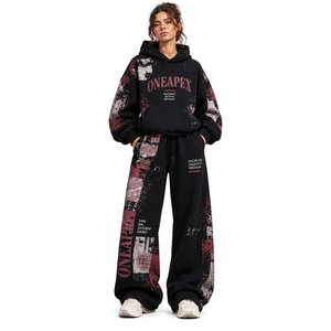Women's Black Graphic Printed Hoodie Tracksuit Set Oversized <b>Wide</b> <b>Leg</b> Sweatpants Streetwear Casual Sportswear Custom Apparel OEM - Product Image 1