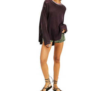 T-shirt confortable en coton gaufré brodé pour femme, grande taille, col rond, doux, très extensible, 100 % coton, coupe ample, marron - Product Image 4