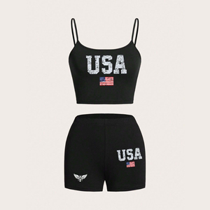 Custom 2026 Women 2 Piece Sport Set Crop Tank Top & High Waist Shorts USA Print Fitness <b>Workout</b> Outfit Gym Activewear Set - Product Image 3