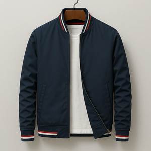 Men's Black Zip-Up Bomber <b>Jacket</b> With <b>Red</b> White Stripes Regular Fit Casual Woven Polyester Autumn Wear - Product Image 5