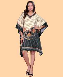 Robe Kaftan Courte pour Femme – Tunique Imprimée Géométrique Bleue et Blanche, Vêtement de Plage de Créateur - Product Image 2