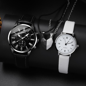 Casual Fashion Quartz Couple <b>Watch</b> Analog Leather Wrist <b>Watch</b> & Matching Heart Necklaces, 192033 - Product Image 1