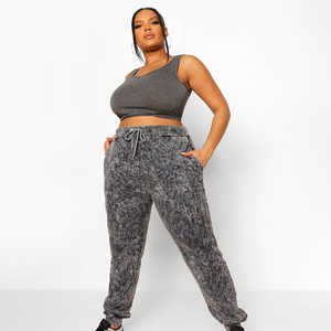 Hot Selling <b>Women</b> Mid Waist Acid Wash <b>Winter</b> Elastic Waist Flat Front Jogger Pant Terry Cotton <b>Trousers</b> with Side Pockets - Product Image 5