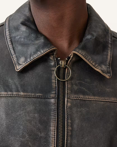 <b>Men's</b> Genuine Leather <b>Jacket</b> Vintage Distressed Finish Point Collar Zip Closure Ring Pull Banded Hem <b>Trucker</b> Coat Outerwear - Product Image 6