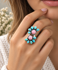 Pink Conch Kingman Mohave <b>Turquoise</b> Silver <b>Ring</b> Boho Cluster Statement Southwestern Gemstone Jewelry <b>Ring</b> for Her - Product Image 2