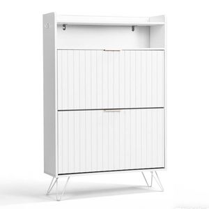 Two-Compartment Shoe Cabinet with High Legs Slatted Front and Side Panels Top-<b>Opening</b> Lids Two Hooks Partic Shoe Racks - Product Image 1