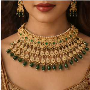 Ensemble collier et boucles d'oreilles de mariée en or plaqué or de qualité supérieure avec pierres vertes, bijoux de mariage et de festival pour femmes - Product Image 6