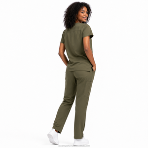 Tenue médicale unisexe de qualité supérieure en tissu tissé Spandex/Polyester, ensemble de blouses classiques à col en V, vert olive, respirant, avec poches élastiques - Product Image 2