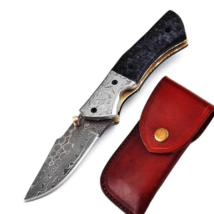 Cuchillo de Bolsillo Burraq Hecho a Mano con Acero de Damasco, Mango de Madera y Funda de Cuero para Regalos y Uso en Exteriores, OEM Disponible - Product Image 1