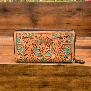 Sculpture à la main usiné portefeuille pochette coque de téléphone élégant multi-usages portefeuilles en cuir occidental couleur Turquoise portefeuille pour les femmes - Product Image 2