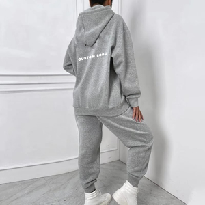 Conjunto de Sudadera con Capucha Oversize para Mujer, Gris, Mezcla de Algodón, Tejido con Estampado de Letras en la Espalda, Ropa Casual de Otoño - Product Image 4