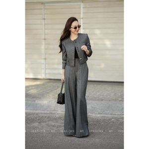 Blazer Gris a Rayas de Lana/Seda Transpirable de Un Solo Botón para Mujer, Estilo Casual de Negocios para Oficina - Product Image 6