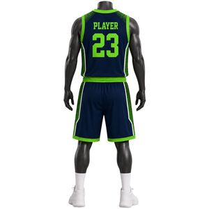 Conjunto de Camiseta y Pantalones Cortos de Baloncesto Sublimados en Azul, Blanco y Verde, Uniforme Ligero y Transpirable para Entrenamiento y Partidos - Product Image 2